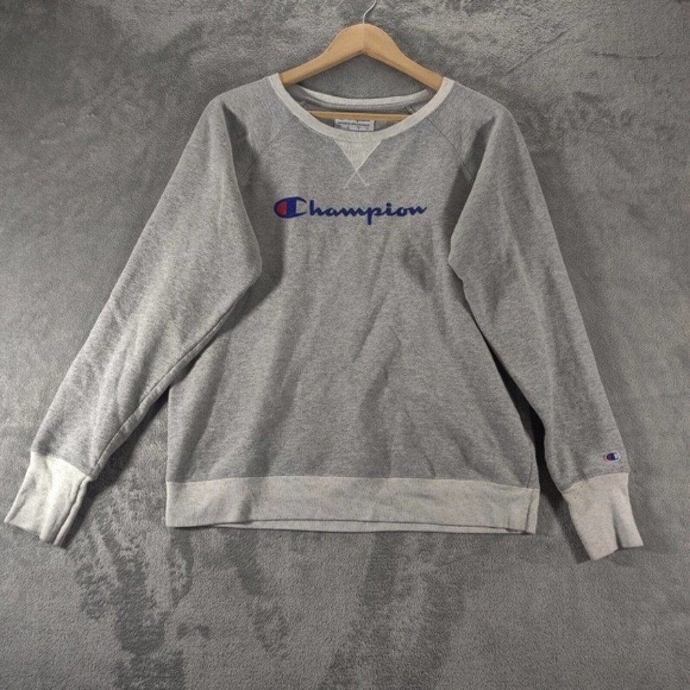 Champion Sweatshirt Womens M Gray Fleece Graphic Script Trim Casual Relax‎ Mom